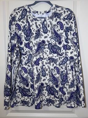 Lane Bryant White Top with Blue & Purple Paisley Print